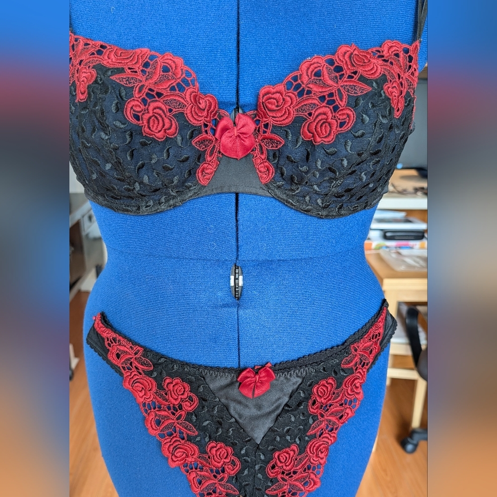 Elegant Black and Red Lace Lingerie Set